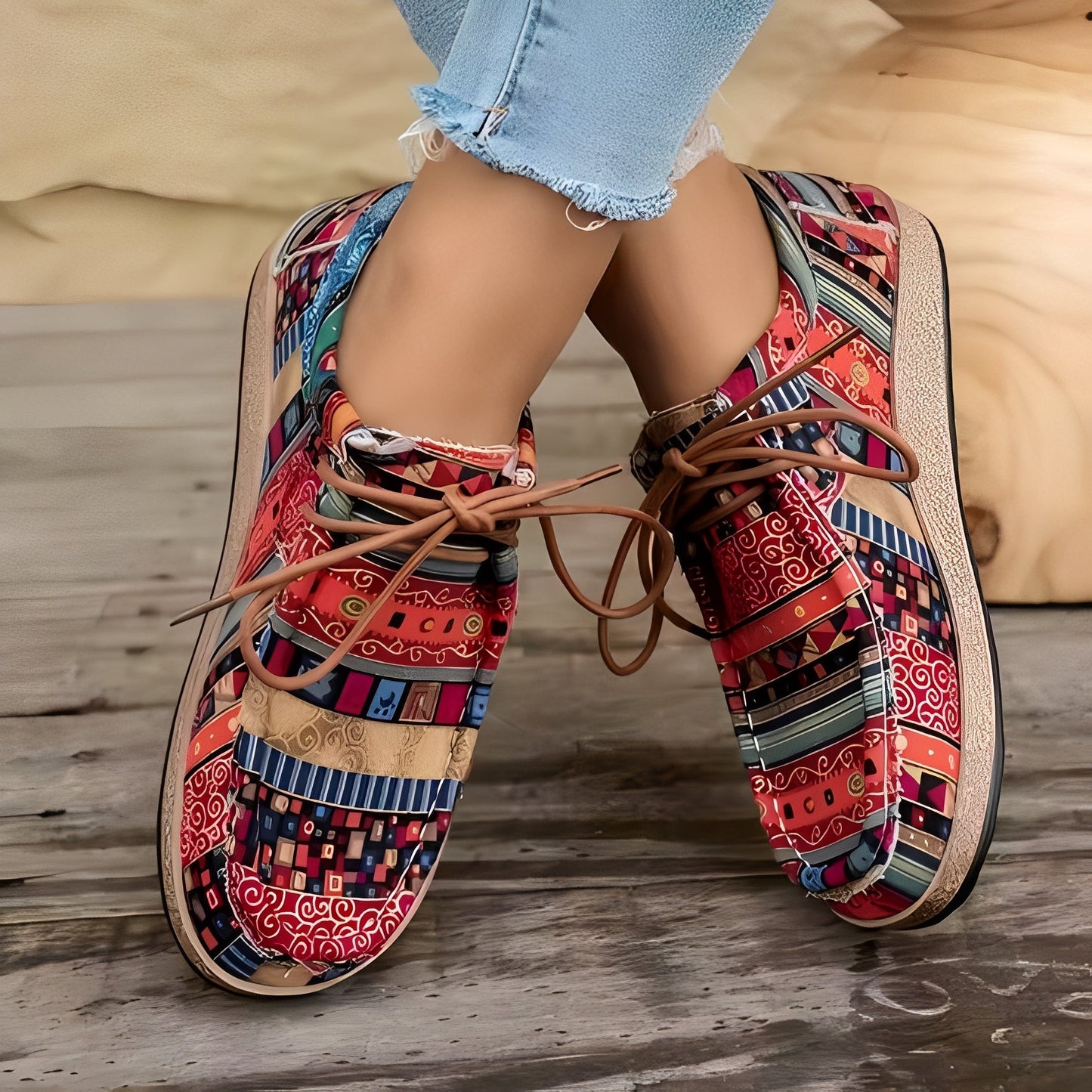 Arova | Sneakersy Damskie Wzorzyste Boho – Kolorowe Buty Sportowe - Pootivo