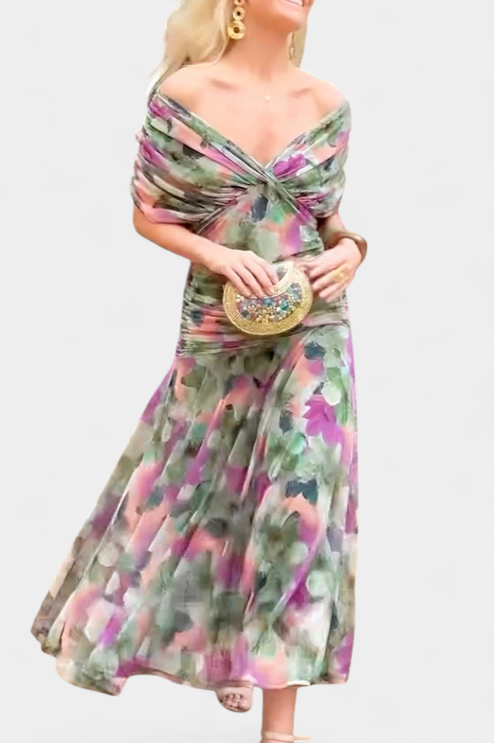 Aurèa Sukienka Maxi Damska Elegancka w Kwiaty z Odkrytymi Ramionami - Pootivo