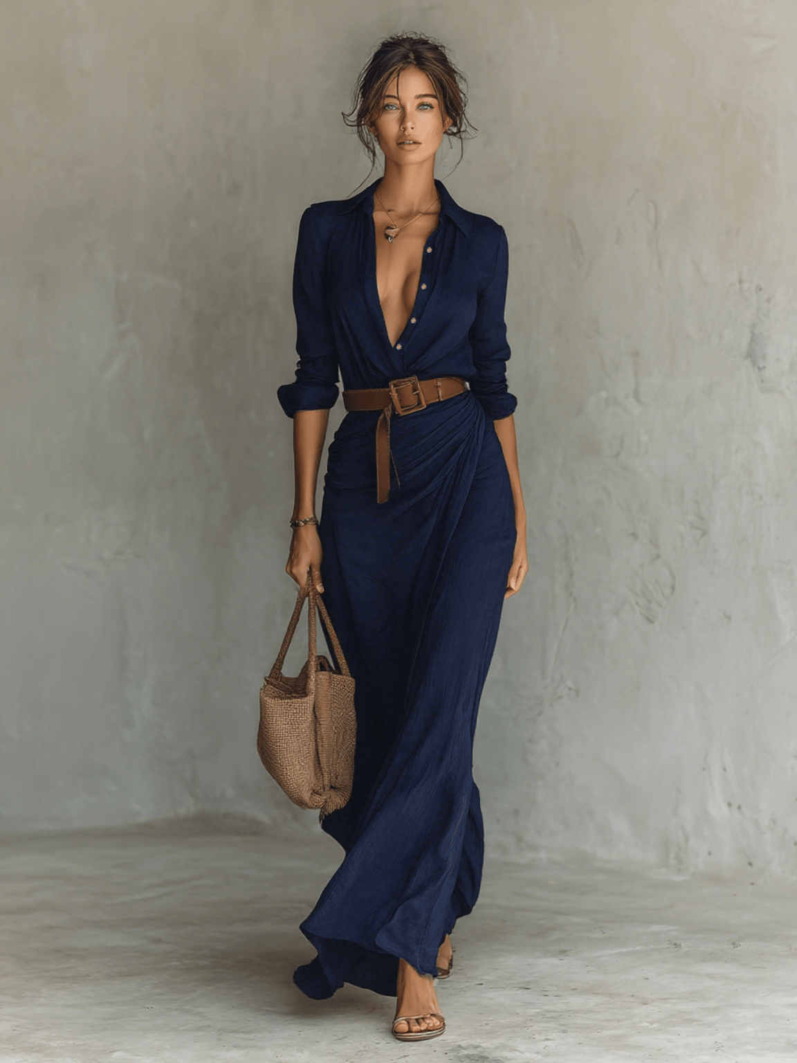 Avenira | Drapowana Koszulowa Sukienka Maxi Letnia - Pootivo