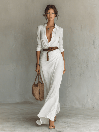 Avenira | Drapowana Koszulowa Sukienka Maxi Letnia - Pootivo