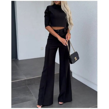Bella Komplet Damski Crop Top Szerokie Spodnie – Elegancki Dwuczęściowy - Pootivo