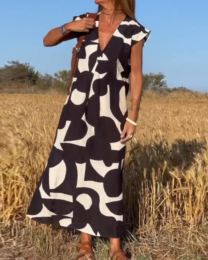 Célène Sukienka Letnia Damska Maxi Długa z Dekoltem V we Wzory - Pootivo