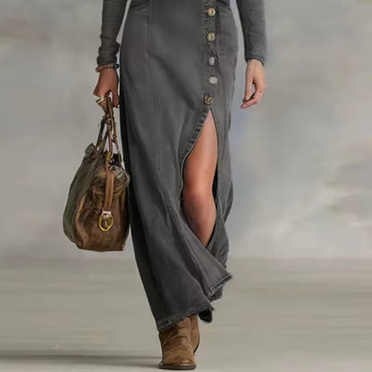 Dakota | Dopasowana Asymetryczna Sukienka Denim Maxi - Pootivo