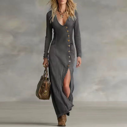 Dakota | Dopasowana Asymetryczna Sukienka Denim Maxi - Pootivo