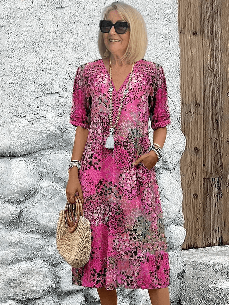 Delvèa Sukienka Midi Damska Letnia z Nadrukiem – Luźna Sukienka Boho z Kieszeniami - Pootivo