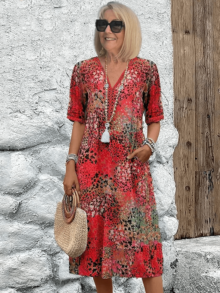 Delvèa Sukienka Midi Damska Letnia z Nadrukiem – Luźna Sukienka Boho z Kieszeniami - Pootivo