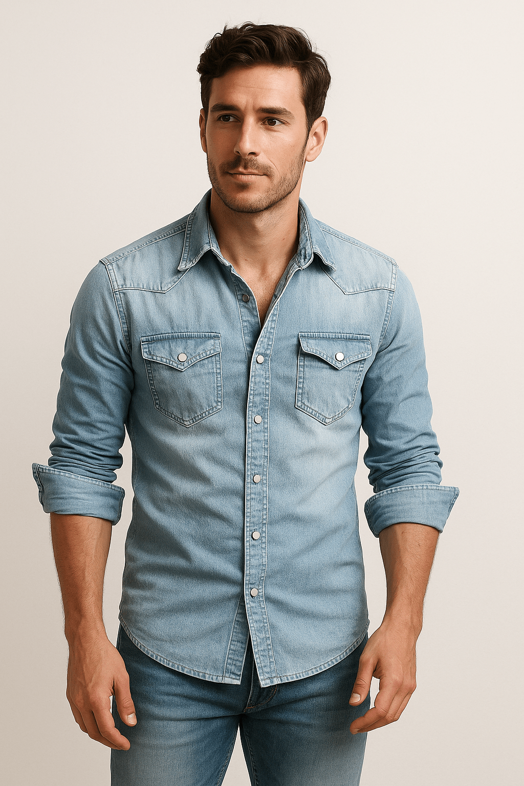 Dervèo Koszula Jeansowa Męska Slim Fit z Długim Rękawem - Pootivo