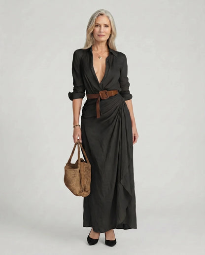 Everly | Zwiewna Drapowana Sukienka Koszulowa Maxi - Pootivo