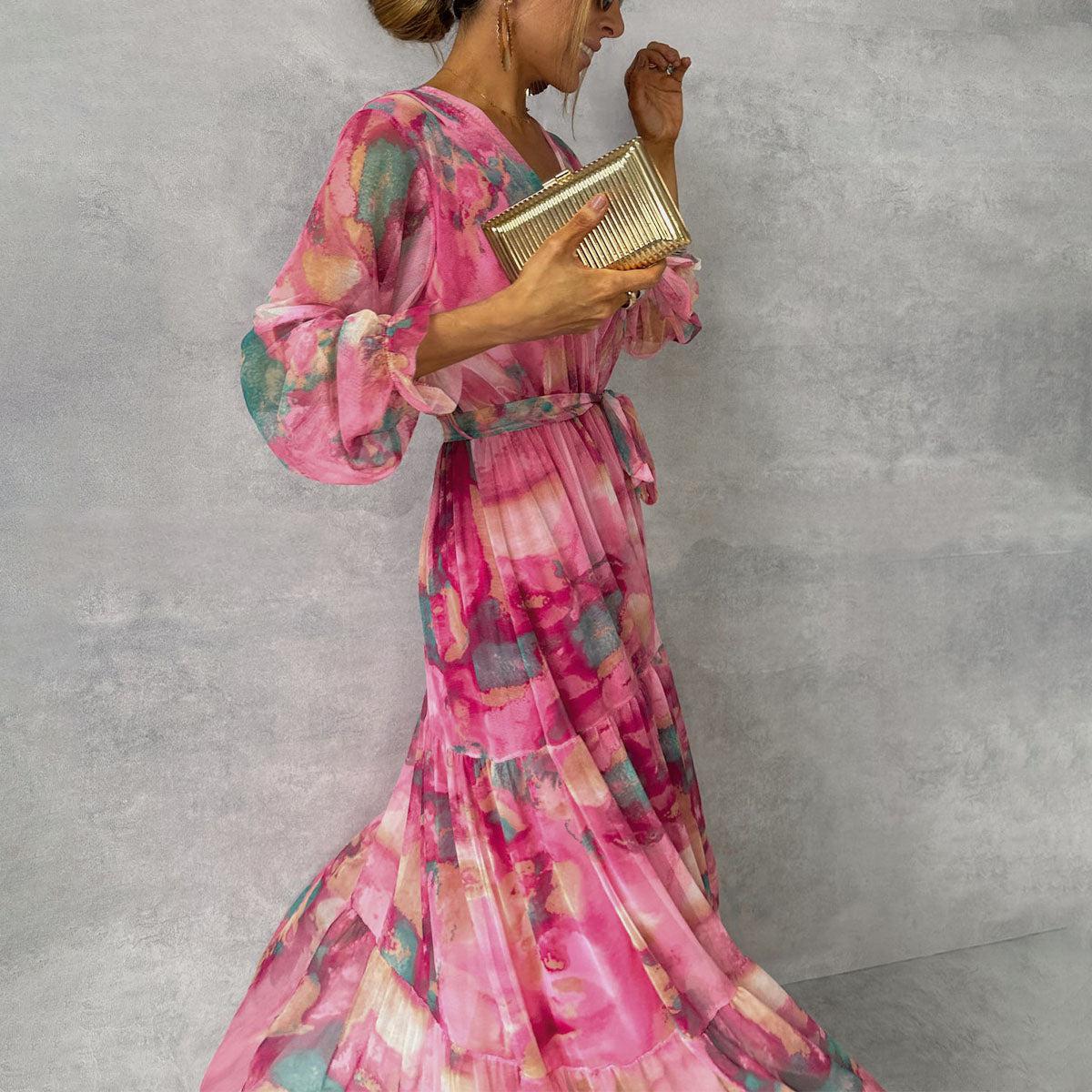 Floréa Sukienka Maxi Damska w Kwiaty z Długim Rękawem – Elegancka Sukienka Kopertowa Wiązana - Pootivo
