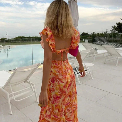 Nadia Sukienka Maxi Boho w Kwiaty z Falbanami – Długa Sukienka Letnia z Dekoltem V - Pootivo
