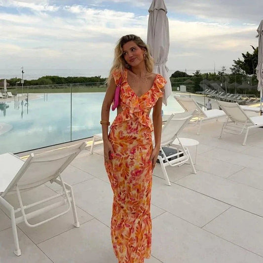 Nadia Sukienka Maxi Boho w Kwiaty z Falbanami – Długa Sukienka Letnia z Dekoltem V - Pootivo