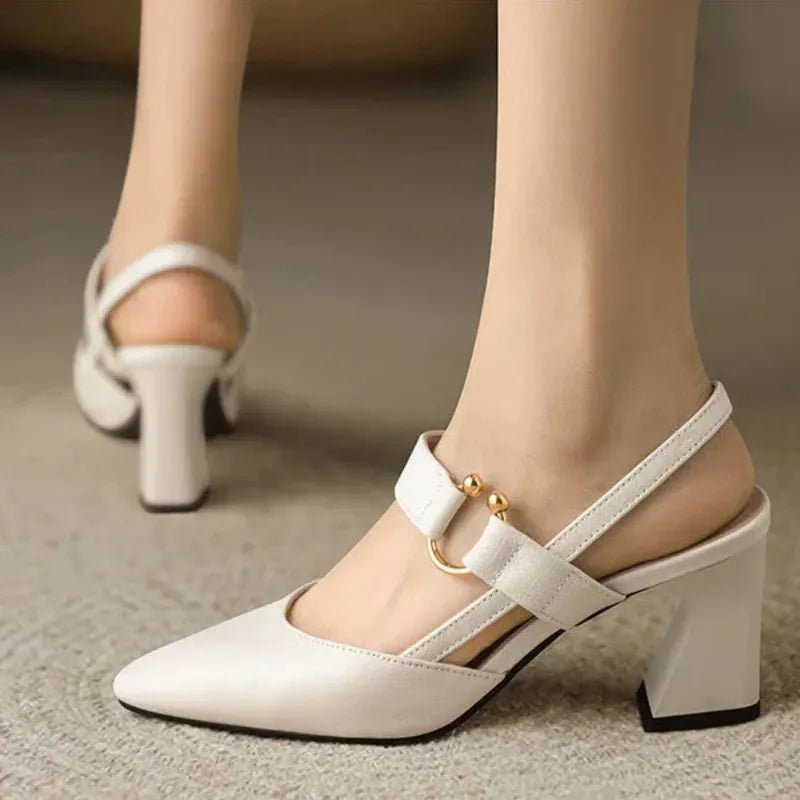 Orlée Czółenka Damskie na Słupku Slingback ze Złotą Klamrą - Pootivo