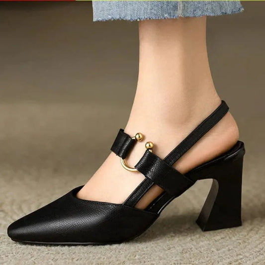 Orlée Czółenka Damskie na Słupku Slingback ze Złotą Klamrą - Pootivo