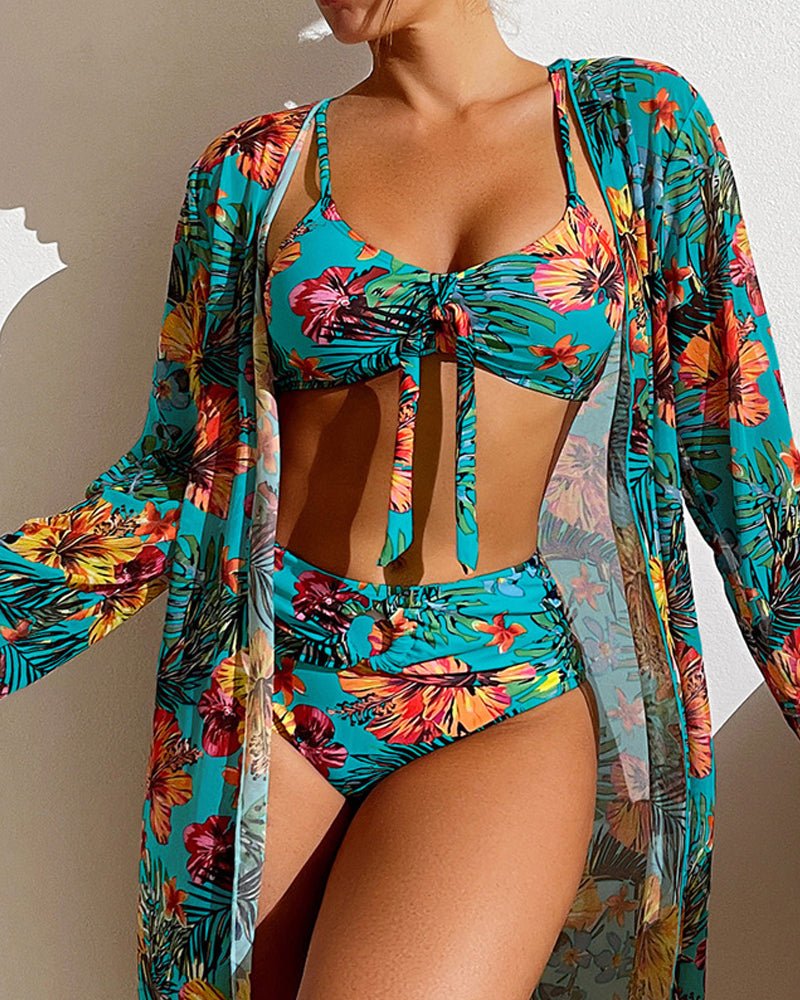 Rivéa Komplet Plażowy Bikini Kwiatowe Strój Kąpielowy z Kimono - Pootivo