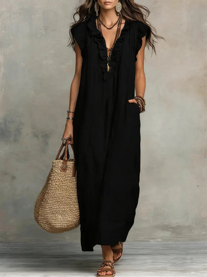 Sloane | Lniano - Bawełniana Boho Sukienka Maxi - Pootivo