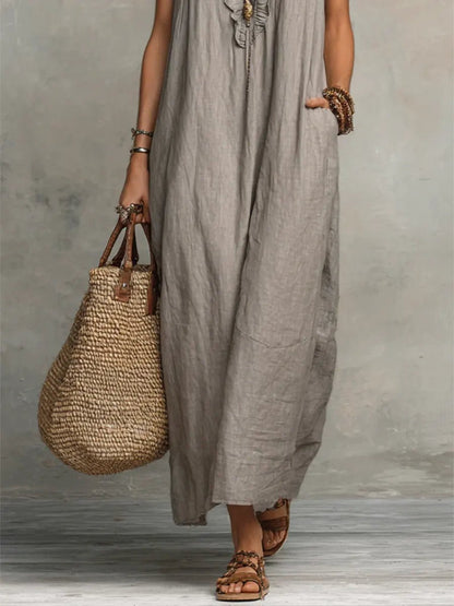 Sloane | Lniano - Bawełniana Boho Sukienka Maxi - Pootivo