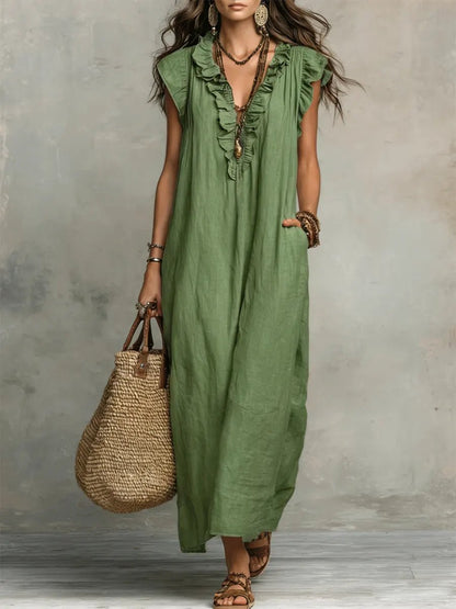 Sloane | Lniano - Bawełniana Boho Sukienka Maxi - Pootivo