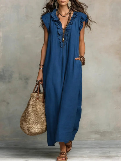 Sloane | Lniano - Bawełniana Boho Sukienka Maxi - Pootivo