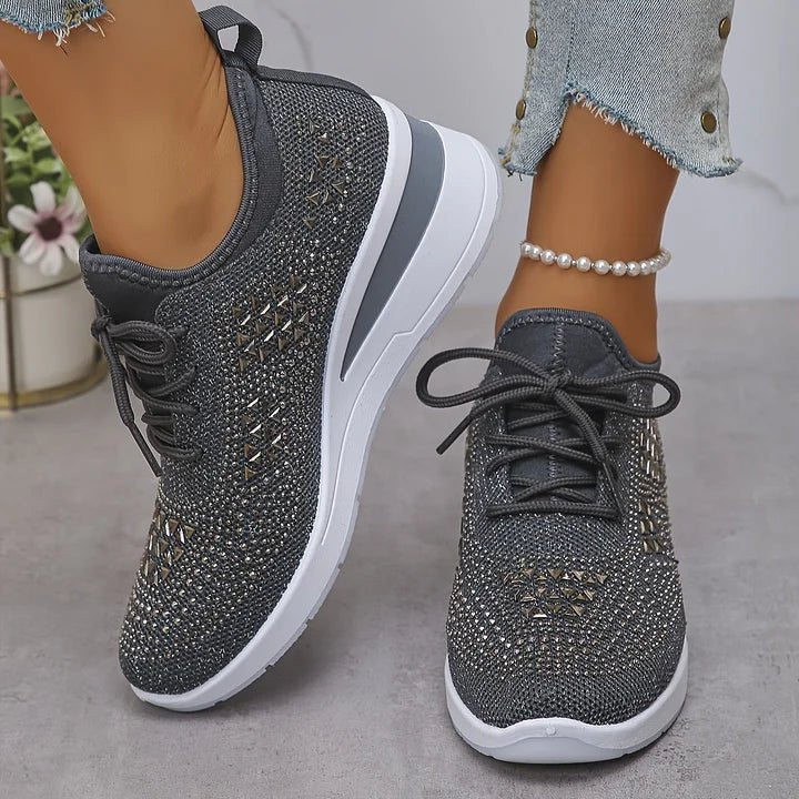 Stelvora Sneakersy Damskie z Kryształkami Rhinestone na Platformie – Modne Buty Sportowe ze Sznurowaniem - Pootivo