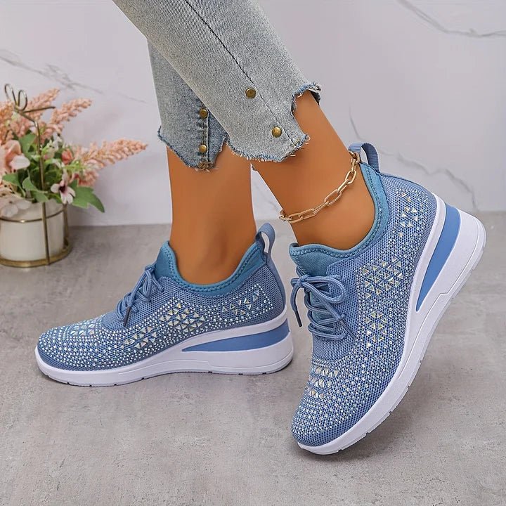 Stelvora Sneakersy Damskie z Kryształkami Rhinestone na Platformie – Modne Buty Sportowe ze Sznurowaniem - Pootivo