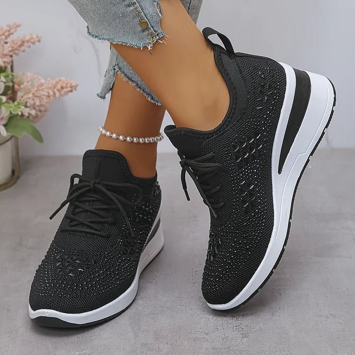Stelvora Sneakersy Damskie z Kryształkami Rhinestone na Platformie – Modne Buty Sportowe ze Sznurowaniem - Pootivo