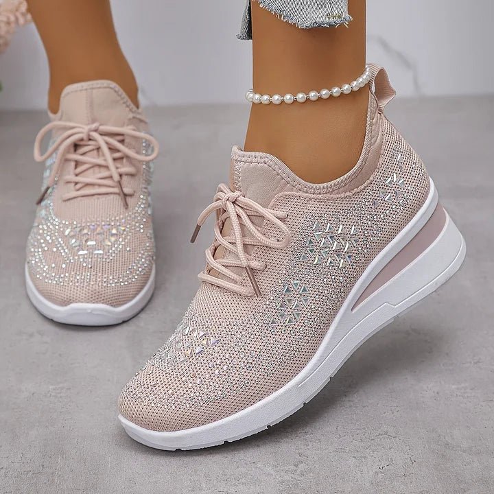 Stelvora Sneakersy Damskie z Kryształkami Rhinestone na Platformie – Modne Buty Sportowe ze Sznurowaniem - Pootivo
