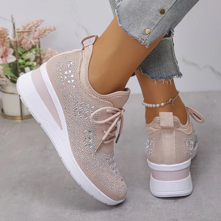 Stelvora Sneakersy Damskie z Kryształkami Rhinestone na Platformie – Modne Buty Sportowe ze Sznurowaniem - Pootivo