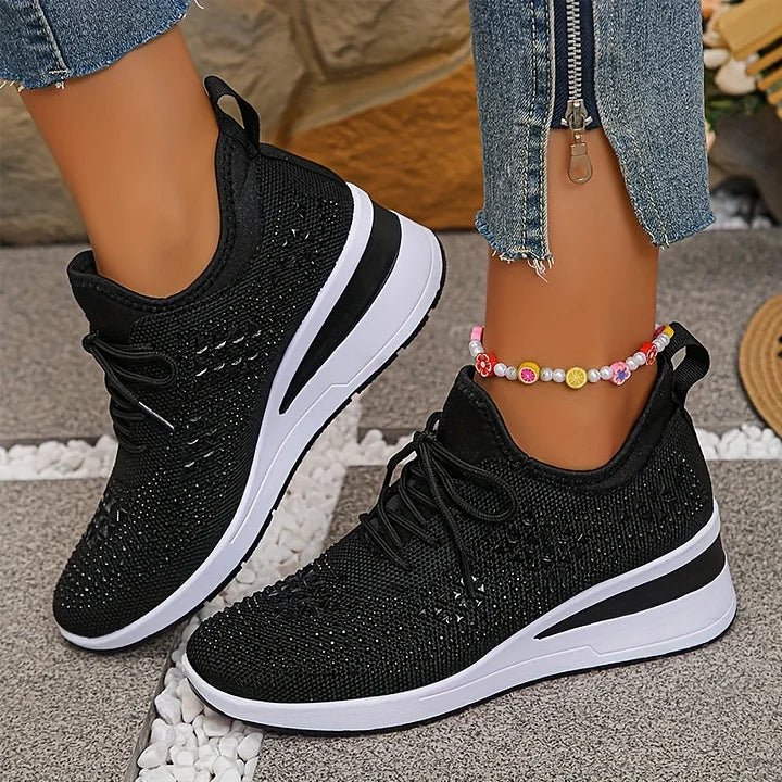 Stelvora Sneakersy Damskie z Kryształkami Rhinestone na Platformie – Modne Buty Sportowe ze Sznurowaniem - Pootivo
