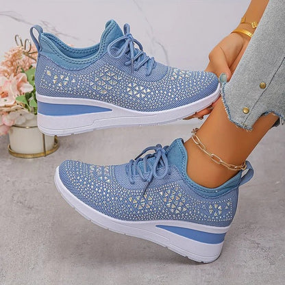 Stelvora Sneakersy Damskie z Kryształkami Rhinestone na Platformie – Modne Buty Sportowe ze Sznurowaniem - Pootivo