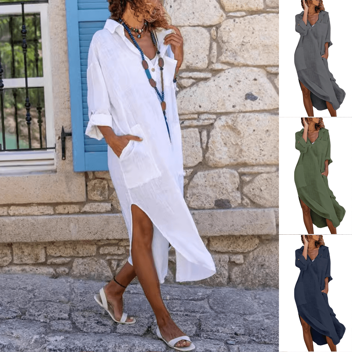 Tessé Lniana Sukienka Koszulowa Damska Oversize – Długa Letnia Tunika - Pootivo