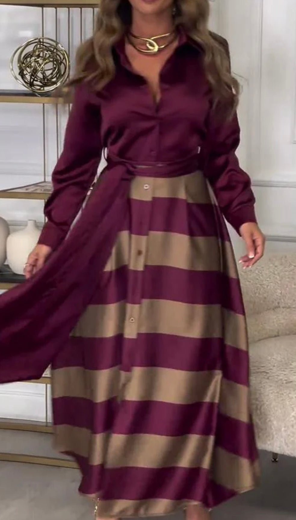 Valèra Sukienka Maxi Damska Elegancka z Długim Rękawem Suknia w Paski - Pootivo
