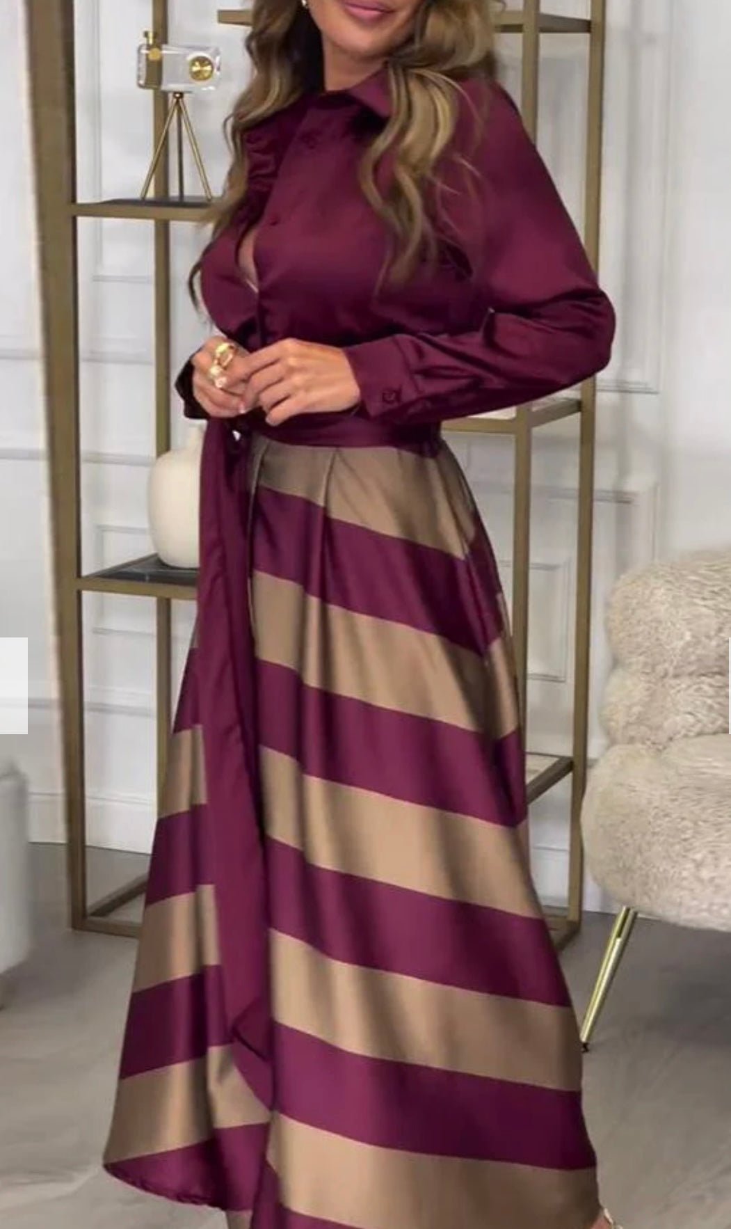 Valèra Sukienka Maxi Damska Elegancka z Długim Rękawem Suknia w Paski - Pootivo