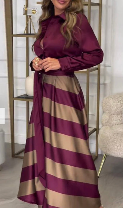 Valèra Sukienka Maxi Damska Elegancka z Długim Rękawem Suknia w Paski - Pootivo